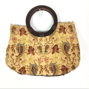 Vintage Braciano clutch women’s beaded paisley‎ floral round wooden handle bag